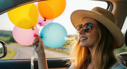 Smiling woman with colorful balloons on a car road trip. Happy girl enjoying a summer journey in the countryside. Freedom and vacation concept