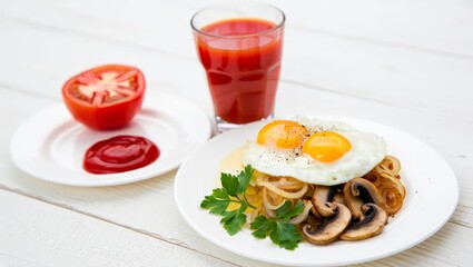 Assorted fried egg dishes served with vegetables, meat and sides, styled for restaurant menu and food service design.