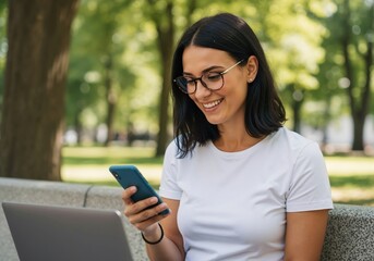 A smiling young woman with glasses using a smartphone in a park. Female student working remotely outdoors with a laptop on a bench
