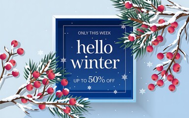 Winter sale promotional banner with snowy landscape, holiday berries, elegant seasonal decoration and vibrant discount message for festive marketing, ecommerce advertising and creative commercial 