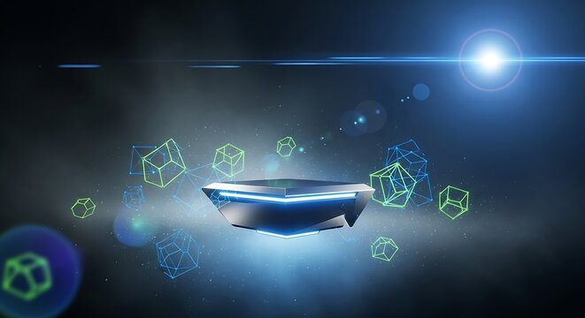 Futuristic platform with glowing cubes floating in a dark smoky and luminous environment