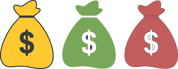 Three money bag icons with dollar symbols in yellow, black and outline style, financial savings budget wealth investment illustration set