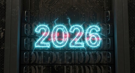 Neon glowing number 2026 on futuristic server rack