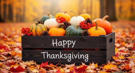 Happy Thanksgiving Celebration with Autumn Pumpkins and Leaves