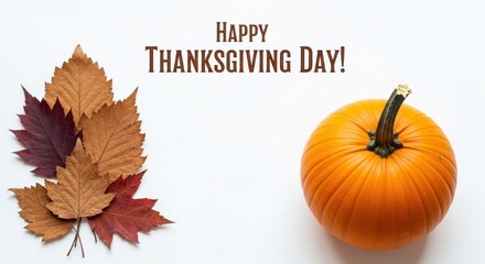 Festive Thanksgiving Day Display with Pumpkin and Autumn Leaves