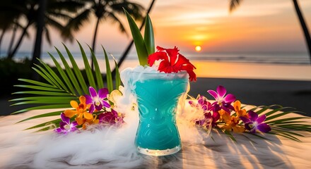 Blue Tiki Cocktail with Dry Ice Fog Pineapple and Hibiscus on Beach