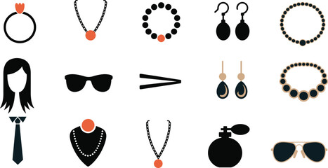 Collection of fashion accessories and jewelry icons