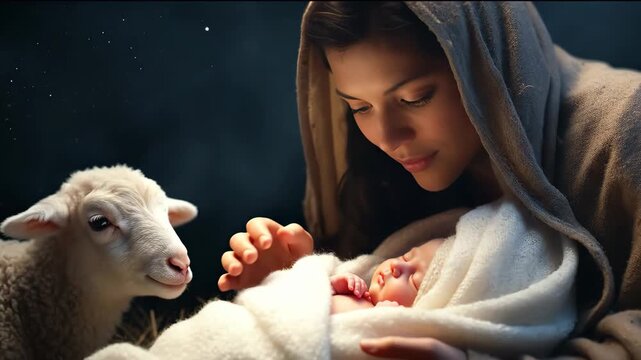 Christmas. The Virgin Mary with the newborn Jesus Christ in a manger in a cave with a lamb. The nativity scene. Christian religious video, background