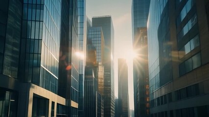 Sunlight glare between modern glass facade skyscrapers in urban setting