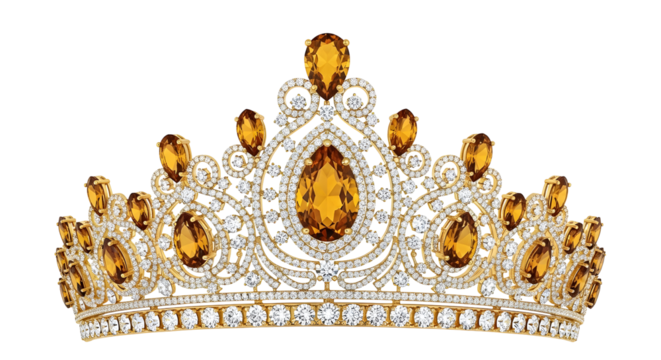 Ornate golden tiara adorned with sparkling yellow gemstones on black background