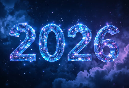 Glowing blue and purple 2026 numbers with digital particles floating in a deep space cloudscape.