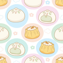 Cute Kawaii Dim Sum Seamless Pattern. Pastel Asian Food Steamed Bun Repeat Background. Adorable Bao Vector Pattern.