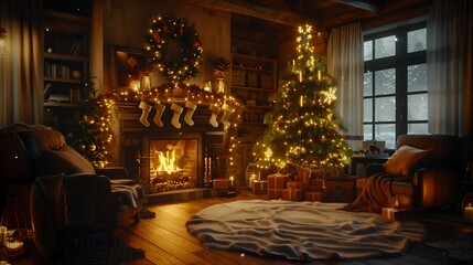 Cozy Christmas Living Room with Fireplace and Tree image photo