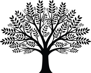 Obraz premium Black silhouette of decorative spreading tree with lush foliage vector illustration, isolated on white for environmental logos and botanical design elements.