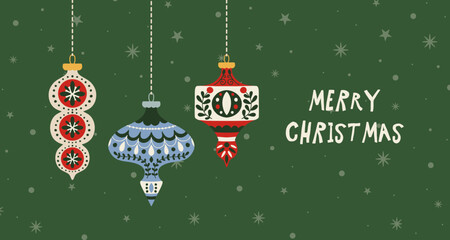 Obraz premium Christmas holiday background. Winter xmas poster background with folk art Christmas ornaments. Greeting card design template. Vector flat illustration