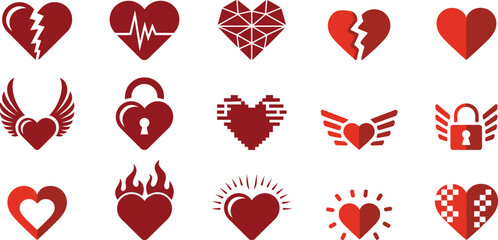 Collection of red heart icons with diverse designs