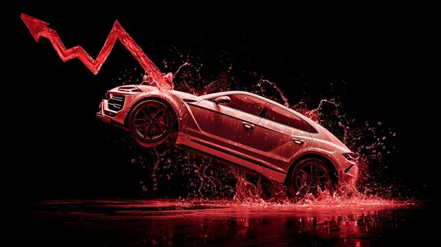 Fototapeta Luxury Car Market Downturn - Red Arrow Symbolizing Economic Decline and Financial Crisis for High-End Vehicles.