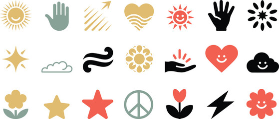 Collection of simple graphic icons sun heart hand peace flower
