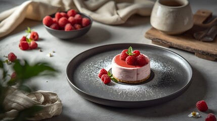 Elegant raspberry cheesecake on a grey plate with biscuit base, pink cream layer, red glaze, fresh raspberries, mint, and powdered sugar. Rustic, refined setup with berries and kitchen props.