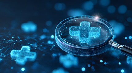 Magnifying Glass Examining Digital Medical Cross Symbol on Blue Background.