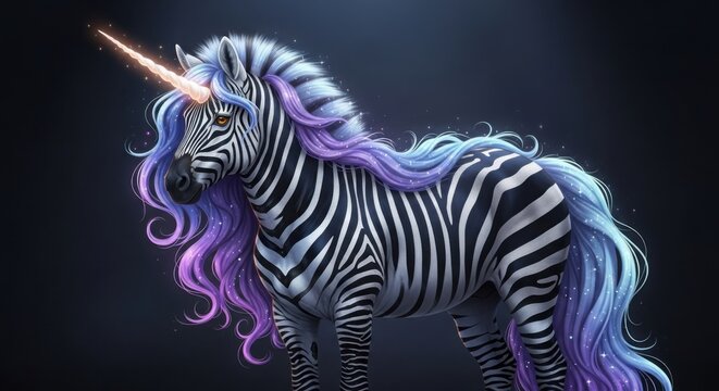Striped zebra unicorn with fantasy iridescent mane and horn