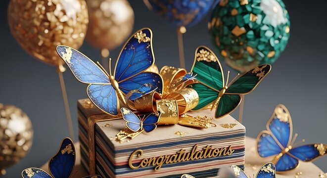 Elegant butterfly decoration atop a congratulations gift box