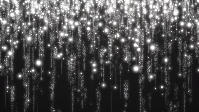 軌跡を描き落下する光の粒のループ背景 グレースケール