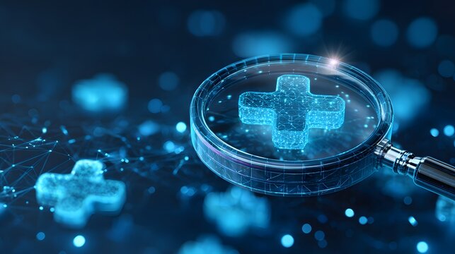 Magnifying Glass Examining Digital Medical Cross Symbol on Blue Background.