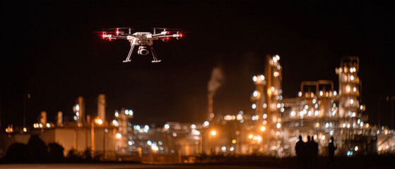 Fototapeta premium A drone flies over an illuminated industrial site at night, showcasing the blend of technology and industry in a dynamic urban landscape.