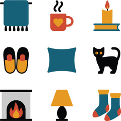 Cozy home objects flat icons set vector