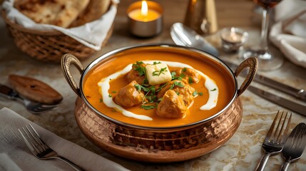 Rich butter chicken served in a hammered copper karahi, topped with cream, butter, and cilantro. Set on a marble table with naan, candles, and dinnerware creating a warm dining ambiance.