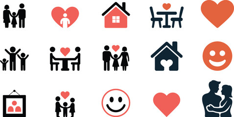 Family home heart and happy face icons love