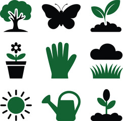 Garden icons tree butterfly plant glove watering can sun