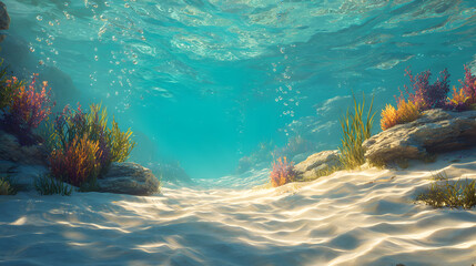 Enchanting underwater seascape with golden sunlight beams and coral reefs
