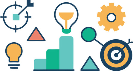 Business strategy icons: ideas, goals, growth, and analytics.