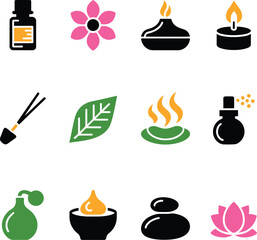 Spa and wellness icons with essential oil bottle and lotus flower
