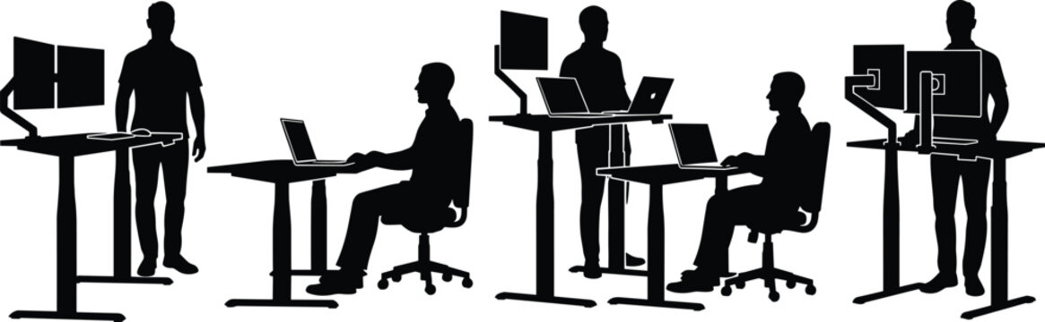 Office desk silhouettes, ergonomic workstation setup, standing desk, seated posture, computer users, workplace health, adjustable monitor, productivity concept