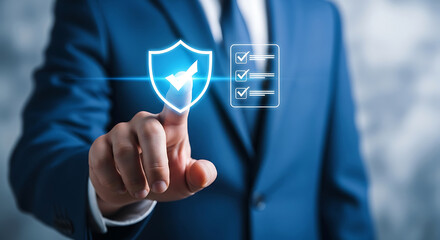 Businessman touches a digital shield with a checklist and upward trend graph