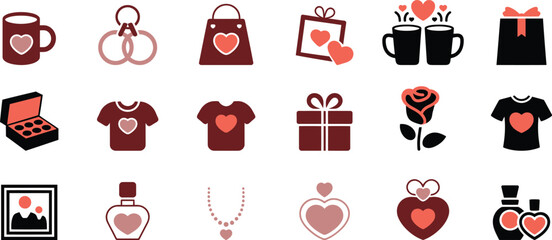 Valentine's Day gift icons with hearts and romantic objects