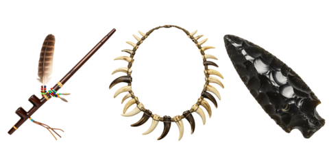 Native american artifacts including a feather claw necklace and arrowhead