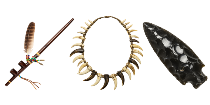 Native american artifacts including a feather claw necklace and arrowhead