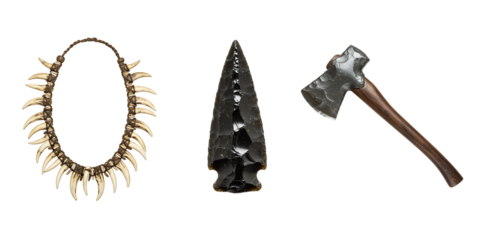 Collection of ancient artifacts including a tooth necklace obsidian arrowhead and axe