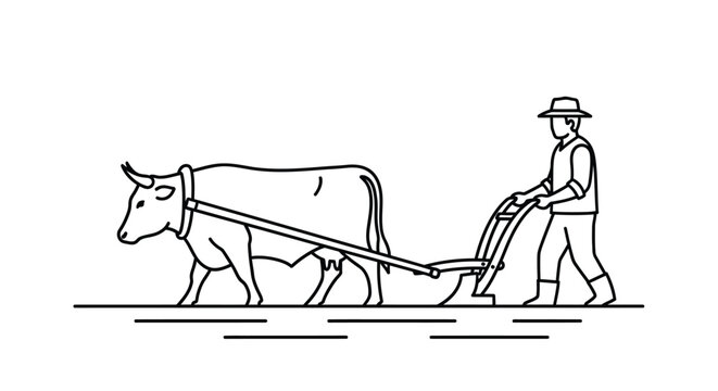 A simple line drawing depicts a farmer plowing a field with an ox