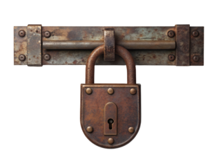 Old rusty padlock and bolt isolated on transparent background for security concept