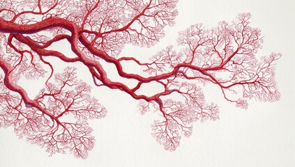 Intricate, branching, red structure resembling a stylized tree or vascular system against a light background