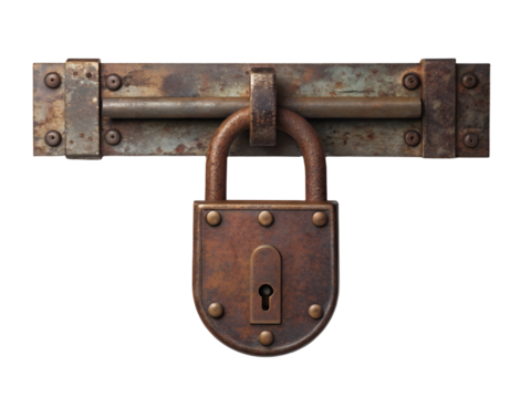 Old rusty padlock and bolt isolated on transparent background for security concept