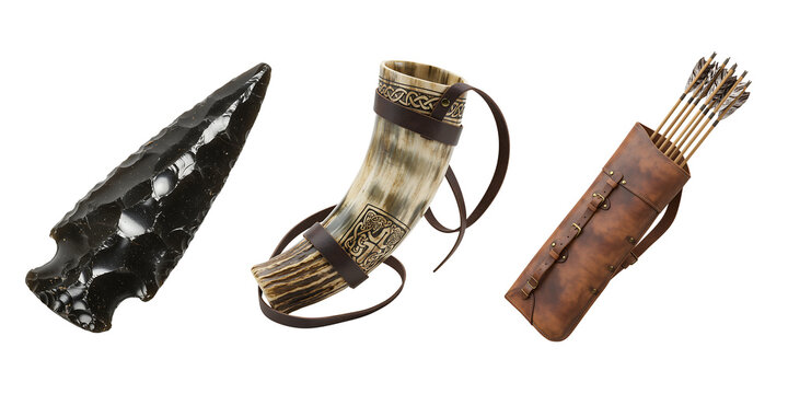 Ancient stone arrowhead quiver with arrows and camouflage quiver with arrows