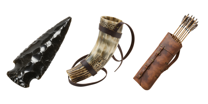 Ancient stone arrowhead quiver with arrows and camouflage quiver with arrows