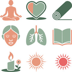 Yoga meditation heart lungs face candle sun book icons