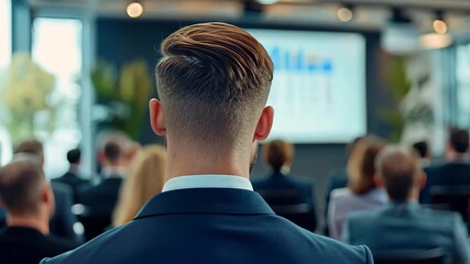 A group of professionals sits in a modern office, attentively listening to a presentation from a speaker at the front of the room